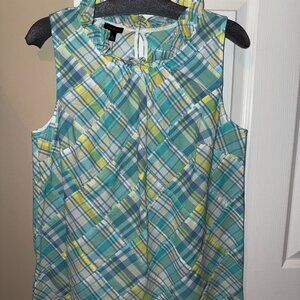 Talbots Ruffle Patchwork Sleeveless Shirt Blue, Green, Yellow Medium New